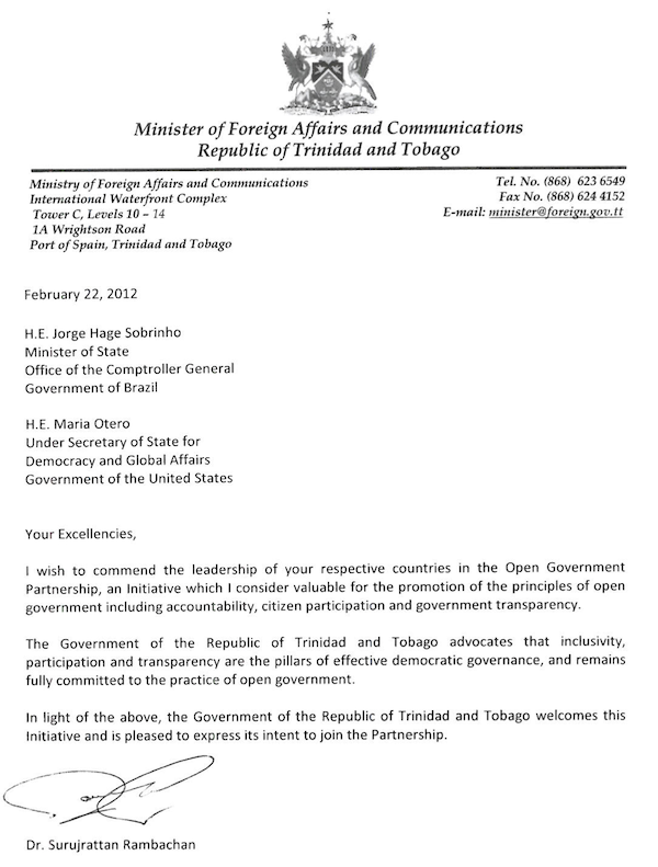 Trinidad and Tobago Letter of Intent to Join OGP